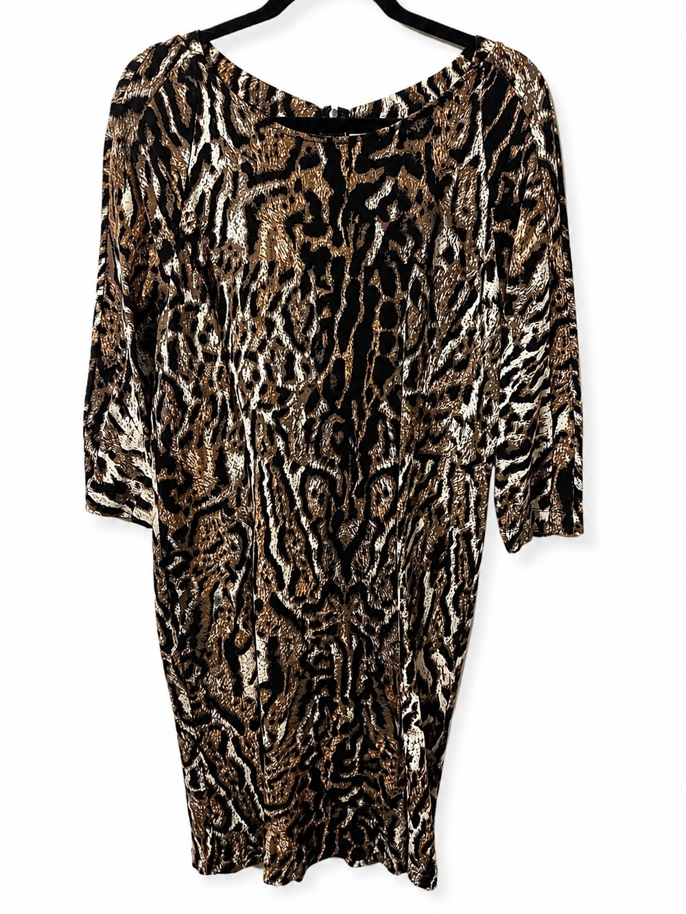 T Tahari Brown and Black Animal-Print Long Sleeve Shift Dress